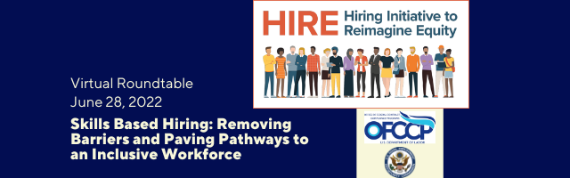 Banner announcing the HIRE virtual roundtable event for the Hiring Initiative to Reimagine Equity showing a colorful row of drawn people representing the workforce. The OFCCP and EEOC agency seals are stacked in the bottom right corner.